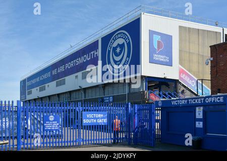 Entrée à l'entrée sud du parc Fratton, stade du club de football de Portsmouth. Banque D'Images