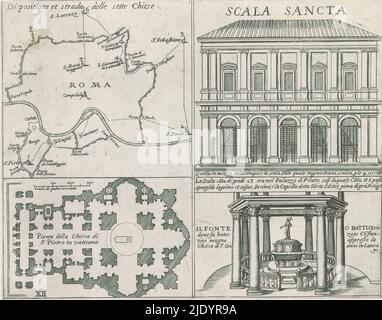 Carte de Rome, l'escalier Saint, la basilique Saint-Pierre et le Baptistère de Latran, monuments et bâtiments érigés pendant les pontificates des Papes Paul V et Sixtus V (titre de la série), feuille avec quatre représentations. En haut à gauche une carte de Rome. En haut à droite : le Saint escalier à Rome. En bas à gauche : une carte de la basilique Saint-Pierre dans la Cité du Vatican. En bas à droite : le Baptistère du Latran. Chaque représentation est accompagnée d'une légende en italien. L'imprimé fait partie d'un album., imprimeur: Mattäus Geuter, éditeur: Mattäus Geuter, Paulus V, imprimeur: Rome, éditeur: Rome, Vaticaanstad, 1618, papier, engra Banque D'Images