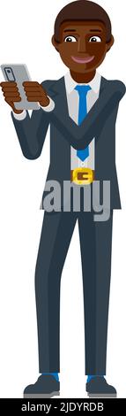 Black Business Man tenant le téléphone Cartoon Mascot Illustration de Vecteur