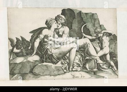 Jupiter et Callisto, Jupiter, reconnaissables par l'aigle de droite, sous le couvert de Diana, séduisant le nymphe Callisto. A droite Amor pointant une flèche sur les deux. Sur la gauche, deux putti., imprimerie: Anonyme, (attribué à), imprimerie: Domenico Vito, (mentionné sur l'objet), après impression par: Pierre Milan, imprimerie: Italie, imprimerie: Italie, après impression par: France, après conception par: Italie, 1560 - 1570, papier, gravure, hauteur 187 mm × largeur 281 mm Banque D'Images