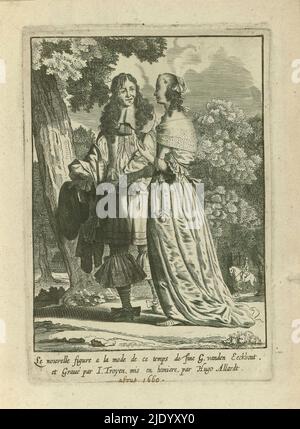 Le nouvelle figure a la mode de ce temps, homme et femme en paysage habillé selon la mode d'environ 1660, homme et femme élégamment habillé, marchant main dans la main dans le paysage, à gauche. La dame est habillée en robe avec large collier plat de dentelle; bracelets sur les deux poignets, porte-monnaie sur la ceinture. Le gentleman porte des bas avec des lubes de dentelle très larges. Chaussures avec boucles. Hat dans la main droite. Avec légende: Le nouvelle figure a la mode de ce temps...., imprimeur: Jan van Troyen, après la conception par: Gerbrand van den Eeckhout, éditeur: Hugo Allard (I), c. 1660, papier, gravure, hauteur 184 mm × largeur 129 mm Banque D'Images