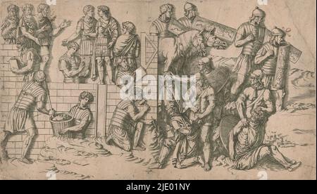Scène des guerres daciennes, scène des guerres daciennes avec des soldats construisant un mur sur la gauche et des soldats capturant des hommes barbus sur la droite. Après le bas-relief sur la colonne de Trajan à Rome., imprimerie: Antonio Fantuzzi, (cercle de), Fontainebleau, 1537 - 1550, papier, gravure, hauteur 265 mm × largeur 461 mm Banque D'Images
