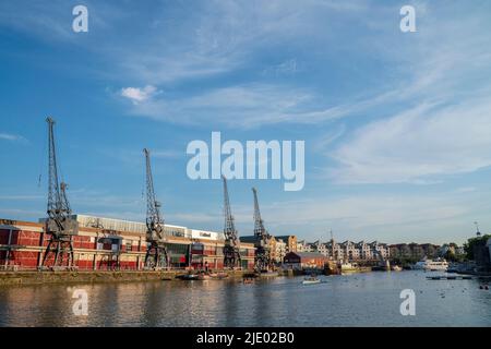 Grues, bateaux à ramer et le mShed dans la zone portuaire flottante de Bristol lors d'une soirée d'été ensoleillée. Banque D'Images