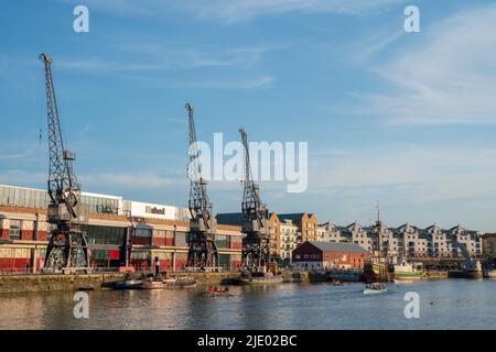 Grues, bateaux à ramer et le mShed dans la zone portuaire flottante de Bristol lors d'une soirée d'été ensoleillée. Banque D'Images