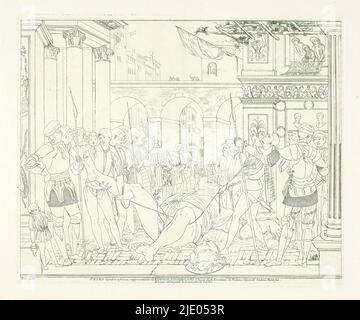 Martyre de Saint Christopher, les fresques d'Andrea Mantegna dans la Chiesa degli Eremitani à Padoue (titre de série), le corps décapité de Saint Christopher se trouve dans la rue. Autour du corps se tiennent des soldats et d'autres spectateurs. Banque D'Images