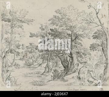 Paysage avec Vénus pleurant la mort d'Adonis, Vénus dans un paysage pleurant Adonis qui a été tué par un sanglier pendant la chasse. A côté du corps d'Adonis une corne de chasse et son épée., imprimeur: Anonyme, après conception par: Jan Brueghel (I), (mentionné sur l'objet), Low pays, 1613, papier, gravure, hauteur 155 mm × largeur 182 mm Banque D'Images