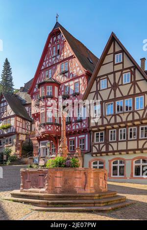 Place du marché avec fontaine du marché et maisons à colombages, Miltenberg am main, Bavière, Basse-Franconie, Allemagne, Miltenberg am main, Bavière Banque D'Images