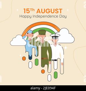 15th août Happy Independence Day concept avec Female India Forces armées sans visage, arc-en-ciel, nuages sur fond beige. Illustration de Vecteur