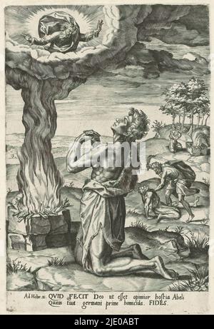 Sacrifice de Caïn et d'Abel, l'Épître aux Hébreux chapitre 11 (titre de la série), au premier plan, Abel s'agenouille à son autel sacrificiel sur lequel les agneaux sont offerts à Dieu. Dieu approuve le sacrifice d'Abel et est apparu au sommet du nuage de fumée. Derrière cela, Abel est battu à mort par Caïn. En arrière-plan, Caïn s'agenouille à son autel sacrificiel sur lequel des gerbes de blé sont offertes. La fumée diminue, le sacrifice est refusé. Au-dessous de l'image se trouve un texte de deux lignes en latin, numéroté à gauche dans la marge : 1. L'impression fait partie d'une série d'impressions sur la lettre au H. Banque D'Images