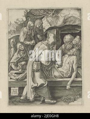 Entombment, The Little passion (titre de la série), Passio Christi AB Alberto Durer Nurenburgensi Effigiata (titre de la série), le corps du Christ est posé dans un tombeau. L'imprimé fait partie d'un album., imprimeur: Anonyme, après impression par: Albrecht Dürer, (mentionné sur l'objet), éditeur: Broer Jansz. (Den Haag), la Haye, 1610 - 1620, papier, gravure, hauteur 130 mm × largeur 100 mm Banque D'Images