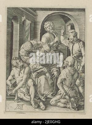 Moquerie du Christ, la petite passion (titre de la série), Passio Christi AB Alberto Durer Nurenburgensi Effigiata (titre de la série), le Christ aveuglé est moqué et battu par cinq hommes. L'imprimé fait partie d'un album., imprimeur: Anonyme, après impression par: Albrecht Dürer, (mentionné sur l'objet), éditeur: Broer Jansz. (Den Haag), la Haye, 1610 - 1620, papier, gravure, hauteur 129 mm × largeur 98 mm Banque D'Images