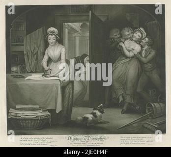 Servants modestes et débauchés, planche 1. La modeste fille et le wanton / Fellow servants dans une maison de gentleman (titre sur objet), vertu et débauche (titre de la série), diligence et dissipation (titre de la série sur objet), la modeste servante est en train de repasser, tandis que la débauchée s'amuse avec une paire de suiteurs et est surveillée par un vieil serviteur. L'imprimé fait partie d'un album., imprimerie: Thomas Hellyer, (mentionné sur l'objet), imprimerie: Thomas Gaugain, (mentionné sur l'objet), après peinture par: James Northcote, (mentionné sur l'objet), Londres, 1-mai-1796, papier, gravure, hauteur 470 mm × largeur Banque D'Images