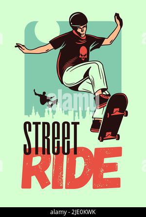 Street Ride affiche en couleur dessinée à la main avec un jeune homme en casque sautant sur l'illustration vectorielle de skateboard Illustration de Vecteur