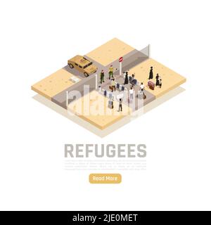 Réfugiés demandeurs d'asile migrants migrants franchissant la frontière entre la zone de conflit et la zone de sécurité illustration du vecteur de composition isométrique Illustration de Vecteur