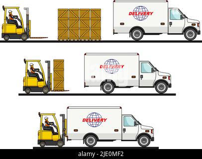 Chargement de caisses par chariot élévateur dans un camion, camionnette isolée sur fond blanc et de style plat. Illustration de Vecteur