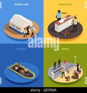 Immigrants 2x2 concept ensemble d'immigrants illégaux naviguant en bateau temporaire résidence camp contrôle frontière compositions carrées isométriques vecteur Illustration de Vecteur