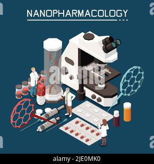 Nanotechnologie en pharmacologie composition isométrique avec microscope électronique nanopharmacologie comprimés d'emballage médicaments en nanoparticules contexte vec Illustration de Vecteur