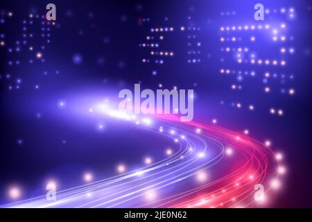 Composition de lumières de ville de nuit avec vue sur l'autoroute brillante avec des lumières de voiture entourées de grands bâtiments illustration vectorielle Illustration de Vecteur