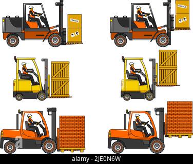 Illustration détaillée des chariots élévateurs, de l'équipement lourd et des machines Illustration de Vecteur