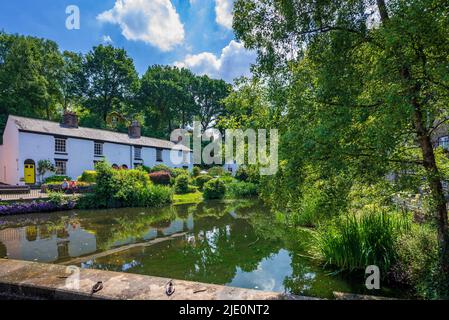 Chalets blanchis à la chaux près de la piscine dans le Dingle, Lymm Cheshire. Banque D'Images