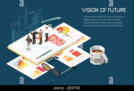 Concept de leadership fond isométrique avec texte modifiable et plans de construction de personnages humains pour les entreprises avec illustration vectorielle CityScape Illustration de Vecteur