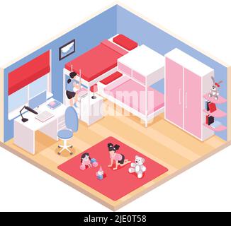 Enfants filles chambre intérieur vue isométrique avec moquette rouge lit superposé armoire rose placard bureau jouets illustration vectorielle Illustration de Vecteur