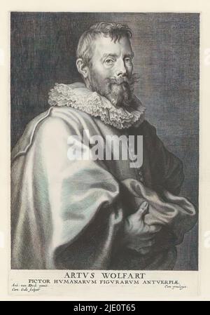 Portrait du peintre Artus Wolfaerts, Icones Principum Vivorum Doctorum Pictorum Chalcographorum Statuariorum nec non Amatoriae Pictoriae Artis Numero Centum ab Antonio van Dyck Pictore ad vivum Expressae Eiusq: Sumptibus aeri incisiae (titre de la série), Iconographie (partie imprimée), est un album. Cornelis Galle (I), (mentionné sur l'objet), après peinture par: Anthony van Dyck, (mentionné sur l'objet), éditeur: Gilles Hendricx, Anvers, 1630 - 1641 et/ou 1645 - 1646, papier, gravure, hauteur 247 mm × largeur 170 mm Banque D'Images
