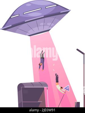 OVNI qui dubait des gens effrayés avec l'illustration du vecteur de bande dessinée de rayon rose Illustration de Vecteur