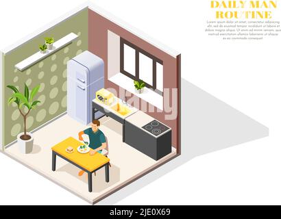 Composition isométrique quotidienne de routine avec homme manger le petit déjeuner dans la cuisine 3D illustration vectorielle Illustration de Vecteur