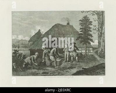 Entreprise paysanne de bûcherons devant la ferme, six paysages avec des images tirées de la vie (titre de la série), famille paysanne devant une ferme avec toit partiellement chaume. Un homme hache du bois et deux femmes rassemblent des branches dans un panier. Un autre homme fume le tuyau et regarde avec un garçon à la main., imprimeur: Abraham Lion Zeelander, (mentionné sur l'objet), après dessin par: Abraham Lion Zeelander, (mentionné sur l'objet), Amsterdam, 1799 - 1856, papier, gravure, gravure, hauteur 143 mm × largeur 185 mm Banque D'Images