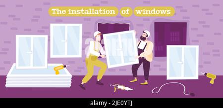 Réparation de panneaux de fenêtres remplacement rénovation installation d'isolation composition plate avec deux hommes de main portant panneau de verre illustration vectorielle Illustration de Vecteur