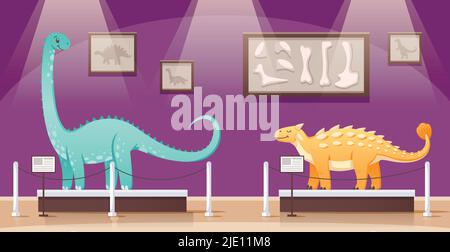 Composition de dessins animés des dinosaures avec décor intérieur d'exposition de musée historique avec deux personnages colorés de l'illustration de vecteur de dinos Illustration de Vecteur