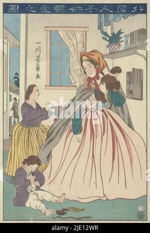 L'amour d'une femme étrangère pour ses enfants, Gaikokujin kodomo chôai no zu (titre sur objet), Une femme occidentale avec un bébé sur son bras et un petit enfant à ses pieds. (Yokohama-e)., imprimeur: Utagawa Yoshikazu, (mentionné sur l'objet), éditeur: Maruya Jinpachi (Marujin), (mentionné sur l'objet), imprimeur: Japon, éditeur: Tokyo, oct-1860, papier, couleur coupe de bois, hauteur 358 mm × largeur 244 mm Banque D'Images