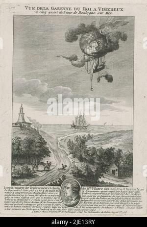 Accident de la montgolfière de Jean-François Pilatre de Rozier et Pierre-Ange Romain à la Garenne du Roi à Wimereux, 15 juin 1785, Vue de la Garenne du Roi à Vimeraux à cinq quart de place de Boulogne sur Mer - précis de l'entraînement et chute de Mme Pilare des Rosiers et Romain l'île en 1785 (...) (Titre sur objet), imprimerie: Anonyme, éditeur: Nicolas-François le Vachez, (mentionné sur objet), imprimerie: France, éditeur: Paris, 1785 - 1790, papier, gravure, gravure, hauteur 150 mm × largeur 105 mm, hauteur 175 mm × largeur 125 mm Banque D'Images