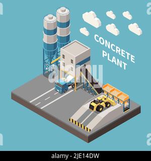 Production de ciment de béton composition isométrique avec titre de plante de béton et illustration de vecteur de terre isolée de 3D pièces Illustration de Vecteur