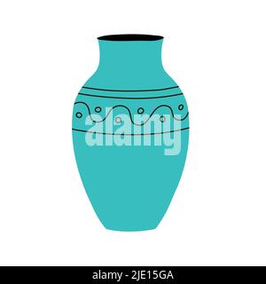 Vase décoratif pour fleurs maison avec un motif à rayures. Pot bleu plante. Élément de l'intérieur d'une pièce. Style et design anciens. Illustrateur de vecteur plat Illustration de Vecteur