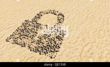 Concept ou pierres conceptuelles sur sable de plage forme de symbole faite à la main, fond de sable doré, icône de cadenas. 3d métaphore de l'illustration pour la communication Banque D'Images