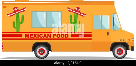 Véhicule alimentaire commercial moderne et délicieux. Vector plat coloré camion alimentaire mexicain. Cuisine de rue. Auto restaurant, cuisine mobile, fastfood chaud Illustration de Vecteur