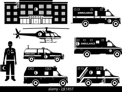 Silhouettes illustration de voitures d'ambulance arabes musulmanes, hôpital, médecins et hélicoptère isolés sur fond blanc. Illustration de Vecteur