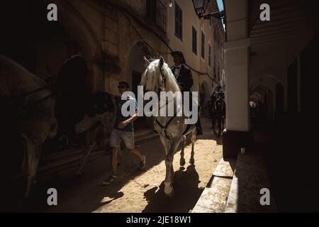 Ciutadella, Espagne. 24th juin 2022. Un « caixer » (cavalier) se fait en train de défiler à travers le centre-ville et ferme le matin du traditionnel festival « Sant Joan » (Saint John). Credit: Matthias Oesterle/Alamy Live News Banque D'Images