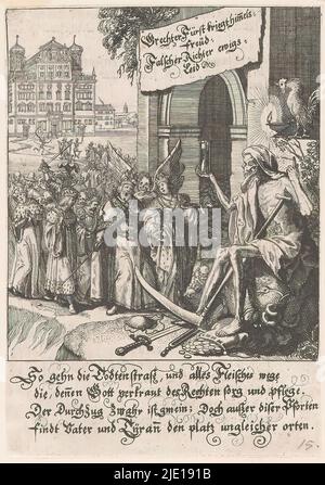 Peine de mort, Vrechter Fürst (...) (...) (Titre sur objet), la danse de la mort (titre de la série), à travers une porte de ville marche une procession de personnes. En face se trouve un couple royal. Devant à droite se trouve la mort comme un squelette avec un sablier et un scythe. Au-dessus de sa tête un rooster crows., imprimeur: Rudolph Meyer, imprimeur: Conrad Meyer, après la conception par: Rudolph Meyer, 1650, papier, gravure, hauteur 144 mm × largeur 101 mm Banque D'Images