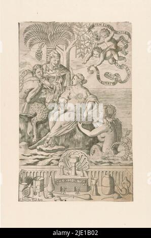 Art of Pharmacy, Arte dello Spetiale (titre sur objet), représentation allégorique d'une femme assise sur une île. Un soleil apparaît sur sa poitrine. La femme ramasse des bijoux d'une coquille remise à elle par un nereid. A gauche, un satyr et une femme plus âgée. En arrière-plan un palmier et dans le ciel deux putti avec des bandéroles. Ci-dessous le titre et les objets pharmaceutiques., imprimerie: F. Severinus, (mentionné sur l'objet), Italie, 1550 - 1599, papier, gravure, gravure, hauteur 302 mm × largeur 194 mm Banque D'Images