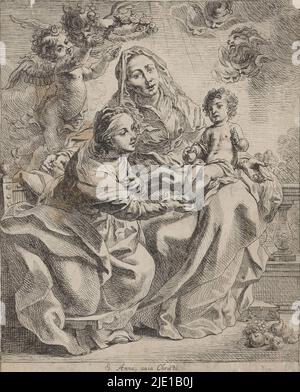 Anna en trois, S. Anna, avia Christi (titre sur objet), Marie avec enfant et Saint Anna. Sainte-Anna est assise avec l'enfant Jésus sur ses genoux; à côté d'elle est Marie, tenant les pieds de l'enfant. Anges au-dessus d'eux. Les fruits sont au sol., imprimerie: Remoldus Eynhoudts, après peinture par: Cornelis Schut (I), Anvers, 1626 - 1680, papier, gravure, hauteur 273 mm × largeur 223 mm Banque D'Images