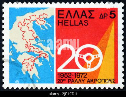 GRÈCE - VERS 1972: Un timbre imprimé en Grèce montre la route du rallye automobile, 20th Acropolis automobile Rally, vers 1972 Banque D'Images