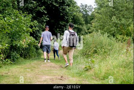 Bad Zwischenahn, Allemagne. 24th juin 2022. Les volontaires sont à la recherche d'un garçon disparu, Joe, dans une zone boisée près de la clinique Karl Jaspers, dans le district de Wehnen, aux limites de la ville d'Oldenburg. Dans la recherche d'un jour de vie pour l'homme disparu de huit ans à Oldenburg, la police a également déployé une équipe d'homicide. Credit: Hauke-Christian Dittrich/dpa/Alay Live News Banque D'Images