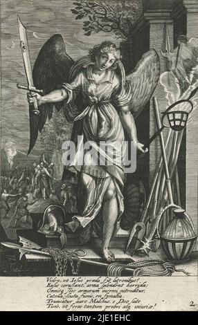 Ange avec épée à l'oreille de Malchus, Outils de la passion (titre de la série), en premier plan un ange tenant dans sa main droite l'épée avec laquelle Pierre a coupé l'oreille de Malchus (l'oreille est sur l'épée). Dans la main gauche une lance avec un brazier. Sur le terrain diverses armes. En arrière-plan la scène dans Gethsemane: Le baiser de Judas. Peter embrasse le Christ avec lequel il le trahit aux soldats., Imprimeur: Abraham Hogenberg, après le dessin de: Augustin Braun, Guilhelm Salsman, 1608 - 1658, papier, gravure, hauteur 170 mm × largeur 110 mm Banque D'Images