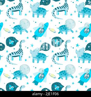 Motif sans couture. Les dinosaures rêvent d'espace, d'étoiles et de planètes. Les animaux sont des astronautes. Thèmes pour enfants. Dinosaures rêvant. Le vecteur est créé dans un plan Illustration de Vecteur