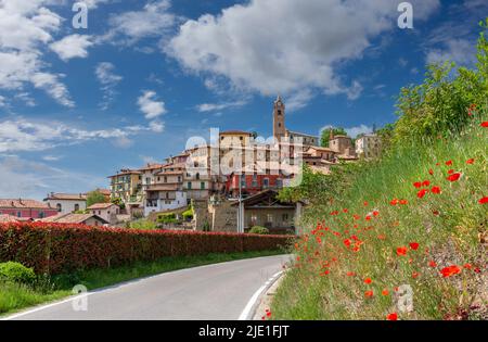 Monforte d'Alba, langhe, Italie : vue sur le village médiéval sur la colline avec l'ancien clocher et les bâtiments colorés caractéristiques sur le ciel bleu et Banque D'Images