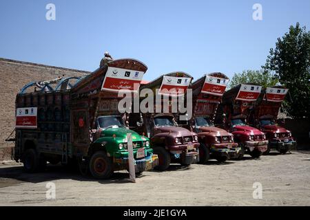 Peshawar, Pakistan. 23rd juin 2022. Les travailleurs de la Fondation Alkhidmat chargent des secours dans des camions de livraison pour les victimes du tremblement de terre afghan à Chamkani. Plus de 1 000 personnes ont été tuées et plus de 1 500 autres blessées après un séisme de magnitude 5,9 qui a frappé l'est de l'Afghanistan avant l'aube le 22 juin, a rapporté l'agence de presse nationale de Bakhtar. Selon les autorités, le nombre de morts devrait augmenter. (Photo de Hussain Ali/Pacific Press) crédit: Pacific Press Media production Corp./Alay Live News Banque D'Images