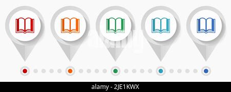 Icônes vectorielles de concept de livre, modèle d'infographie modifiable, jeu de pointeurs plats colorés Illustration de Vecteur